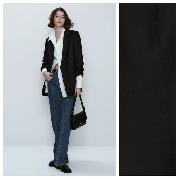NWT. Massimo Dutti Black 100% Wool Micro-Textured Open Blazer. Size 2, 4. - Picture 1 of 15